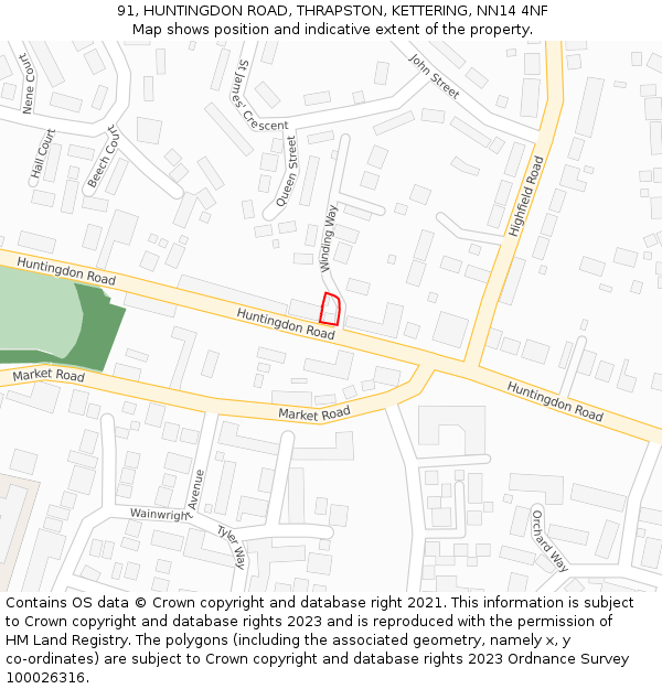 91, HUNTINGDON ROAD, THRAPSTON, KETTERING, NN14 4NF: Location map and indicative extent of plot