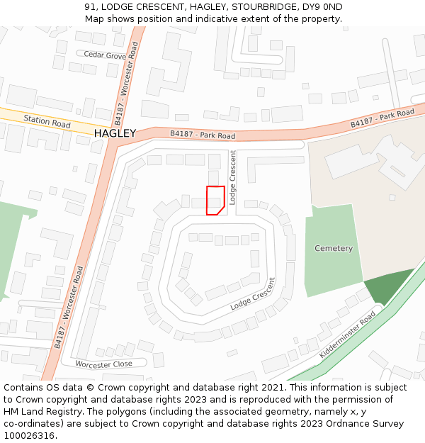 91, LODGE CRESCENT, HAGLEY, STOURBRIDGE, DY9 0ND: Location map and indicative extent of plot