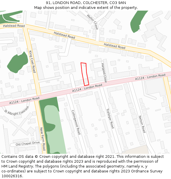 91, LONDON ROAD, COLCHESTER, CO3 9AN: Location map and indicative extent of plot