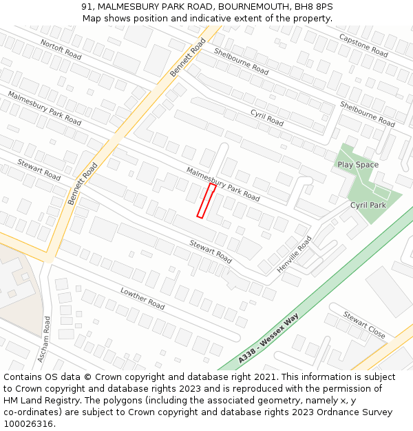 91, MALMESBURY PARK ROAD, BOURNEMOUTH, BH8 8PS: Location map and indicative extent of plot
