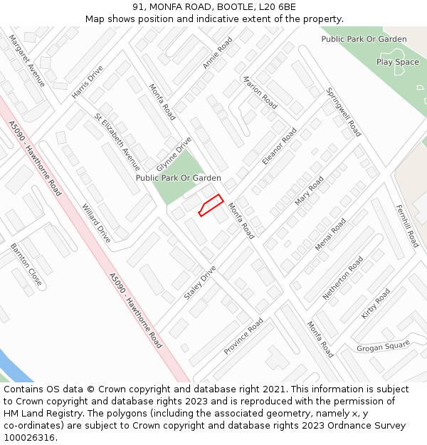 91, MONFA ROAD, BOOTLE, L20 6BE: Location map and indicative extent of plot