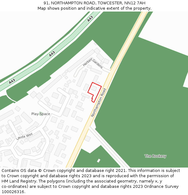 91, NORTHAMPTON ROAD, TOWCESTER, NN12 7AH: Location map and indicative extent of plot