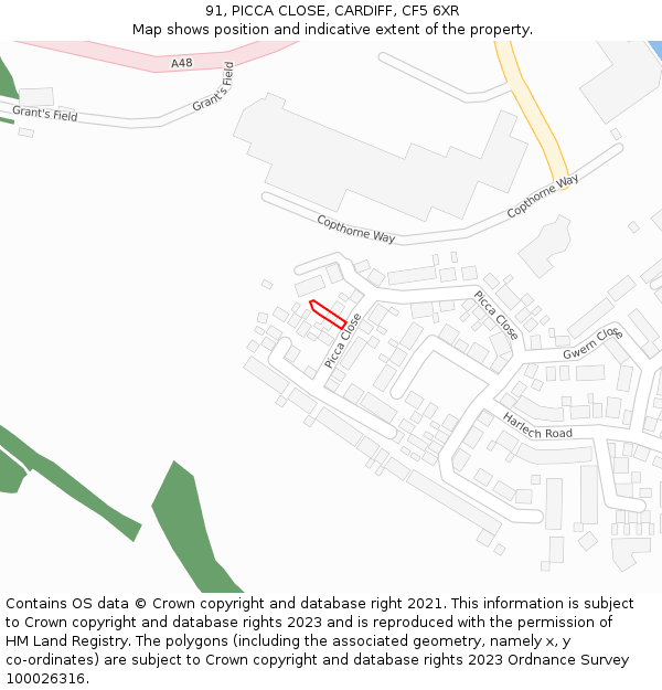 91, PICCA CLOSE, CARDIFF, CF5 6XR: Location map and indicative extent of plot