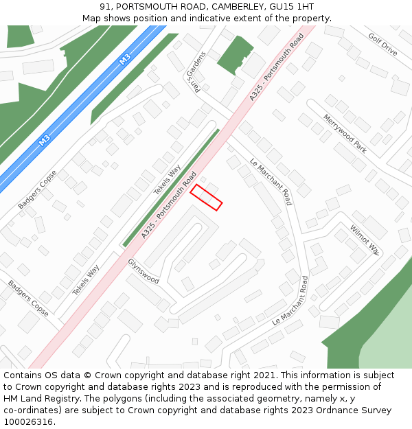 91, PORTSMOUTH ROAD, CAMBERLEY, GU15 1HT: Location map and indicative extent of plot