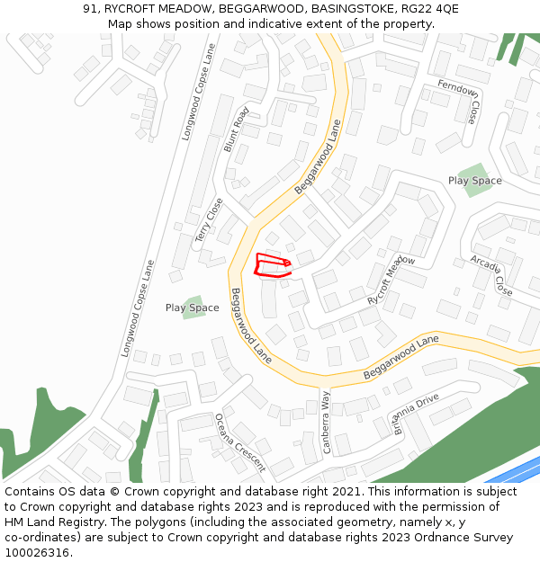 91, RYCROFT MEADOW, BEGGARWOOD, BASINGSTOKE, RG22 4QE: Location map and indicative extent of plot