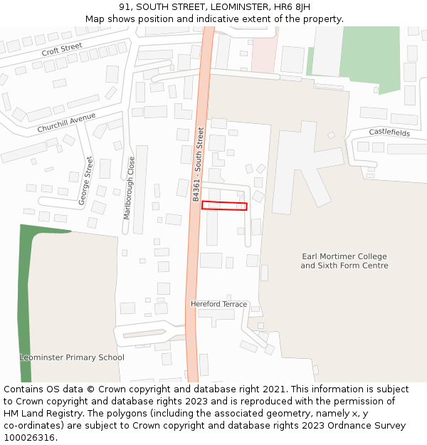 91, SOUTH STREET, LEOMINSTER, HR6 8JH: Location map and indicative extent of plot