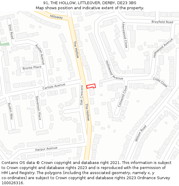 91, THE HOLLOW, LITTLEOVER, DERBY, DE23 3BS: Location map and indicative extent of plot