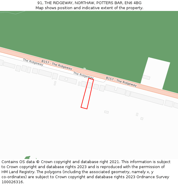 91, THE RIDGEWAY, NORTHAW, POTTERS BAR, EN6 4BG: Location map and indicative extent of plot