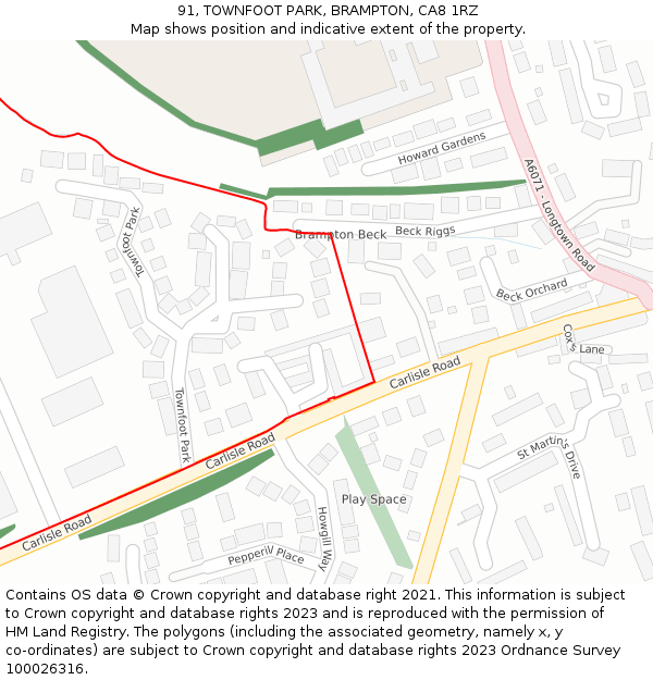 91, TOWNFOOT PARK, BRAMPTON, CA8 1RZ: Location map and indicative extent of plot
