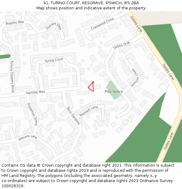 91, TURING COURT, KESGRAVE, IPSWICH, IP5 2BA: Location map and indicative extent of plot