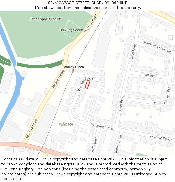 91, VICARAGE STREET, OLDBURY, B68 8HE: Location map and indicative extent of plot