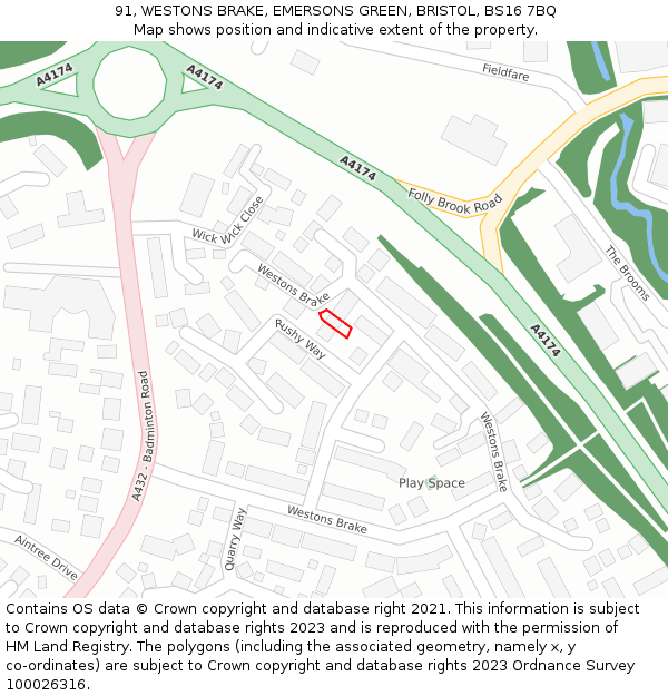 91, WESTONS BRAKE, EMERSONS GREEN, BRISTOL, BS16 7BQ: Location map and indicative extent of plot