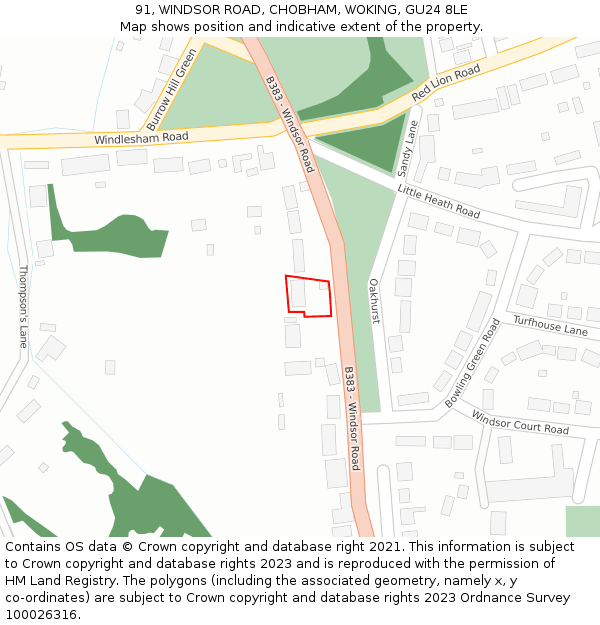 91, WINDSOR ROAD, CHOBHAM, WOKING, GU24 8LE: Location map and indicative extent of plot