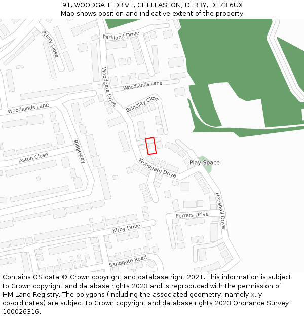 91, WOODGATE DRIVE, CHELLASTON, DERBY, DE73 6UX: Location map and indicative extent of plot