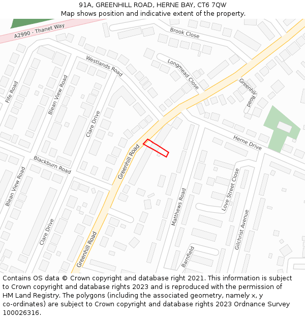 91A, GREENHILL ROAD, HERNE BAY, CT6 7QW: Location map and indicative extent of plot