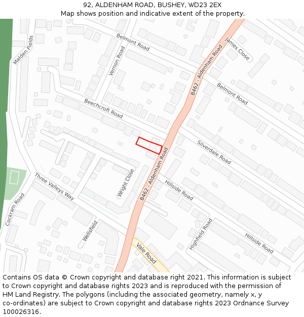92, ALDENHAM ROAD, BUSHEY, WD23 2EX: Location map and indicative extent of plot