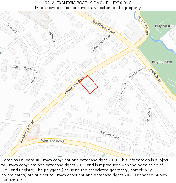 92, ALEXANDRIA ROAD, SIDMOUTH, EX10 9HG: Location map and indicative extent of plot