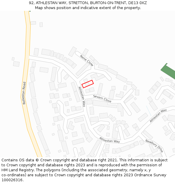 92, ATHLESTAN WAY, STRETTON, BURTON-ON-TRENT, DE13 0XZ: Location map and indicative extent of plot