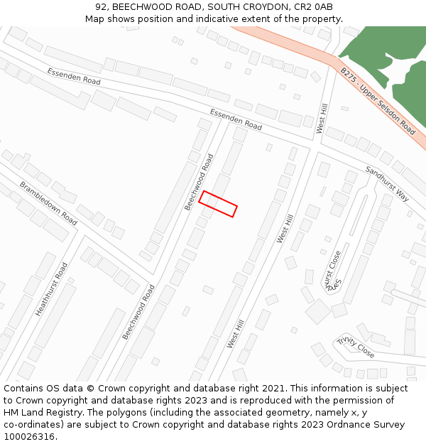 92, BEECHWOOD ROAD, SOUTH CROYDON, CR2 0AB: Location map and indicative extent of plot