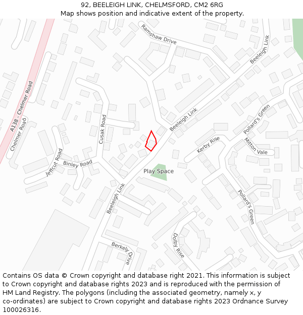92, BEELEIGH LINK, CHELMSFORD, CM2 6RG: Location map and indicative extent of plot