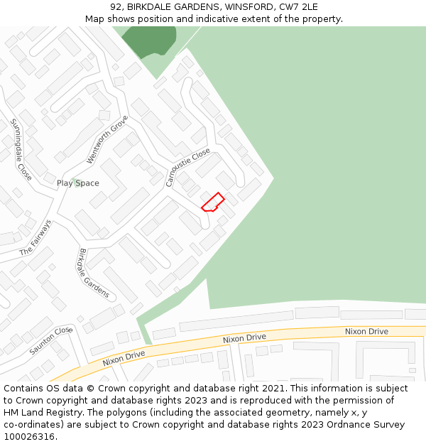 92, BIRKDALE GARDENS, WINSFORD, CW7 2LE: Location map and indicative extent of plot