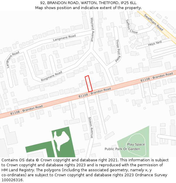92, BRANDON ROAD, WATTON, THETFORD, IP25 6LL: Location map and indicative extent of plot