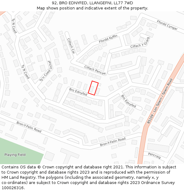 92, BRO EDNYFED, LLANGEFNI, LL77 7WD: Location map and indicative extent of plot