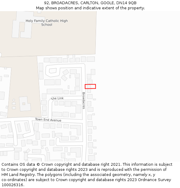 92, BROADACRES, CARLTON, GOOLE, DN14 9QB: Location map and indicative extent of plot