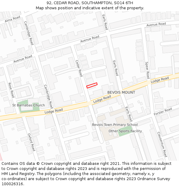 92, CEDAR ROAD, SOUTHAMPTON, SO14 6TH: Location map and indicative extent of plot