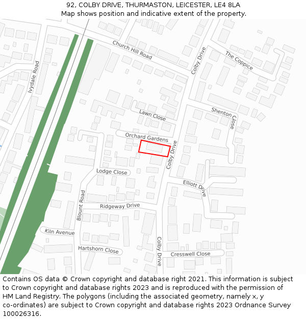 92, COLBY DRIVE, THURMASTON, LEICESTER, LE4 8LA: Location map and indicative extent of plot