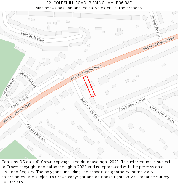 92, COLESHILL ROAD, BIRMINGHAM, B36 8AD: Location map and indicative extent of plot