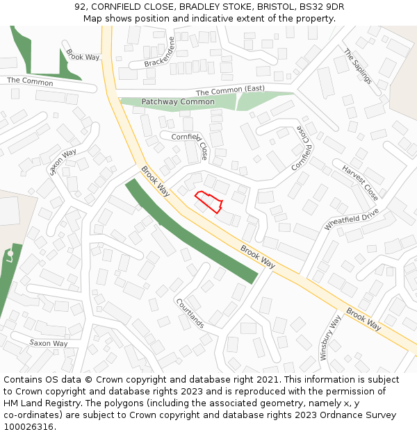 92, CORNFIELD CLOSE, BRADLEY STOKE, BRISTOL, BS32 9DR: Location map and indicative extent of plot