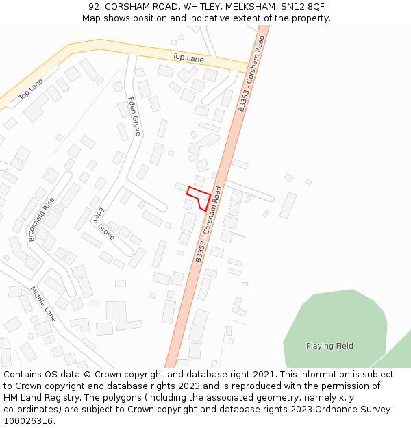 92, CORSHAM ROAD, WHITLEY, MELKSHAM, SN12 8QF: Location map and indicative extent of plot