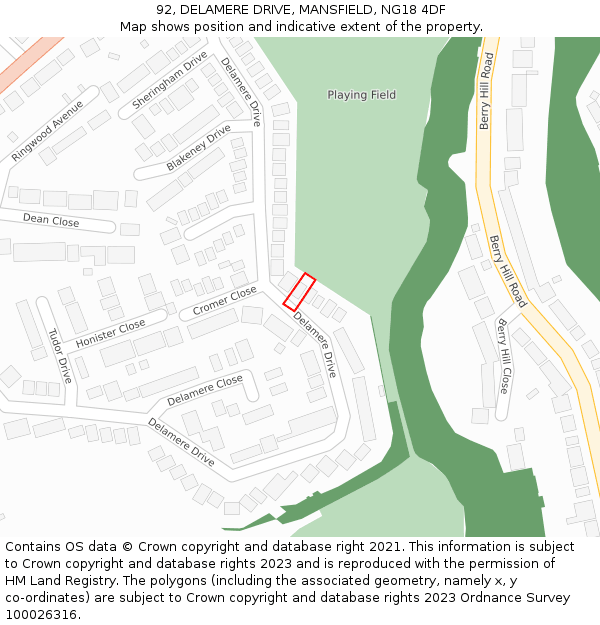 92, DELAMERE DRIVE, MANSFIELD, NG18 4DF: Location map and indicative extent of plot