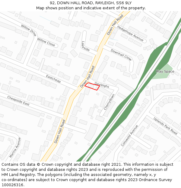 92, DOWN HALL ROAD, RAYLEIGH, SS6 9LY: Location map and indicative extent of plot