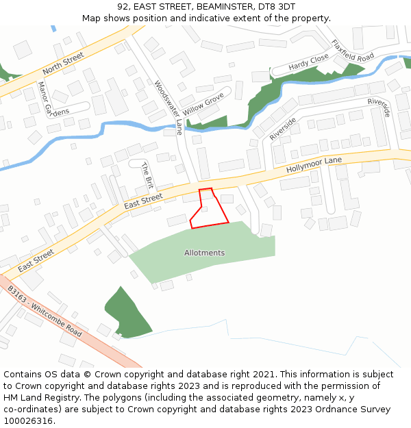 92, EAST STREET, BEAMINSTER, DT8 3DT: Location map and indicative extent of plot