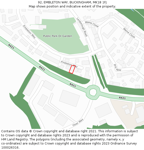 92, EMBLETON WAY, BUCKINGHAM, MK18 1FJ: Location map and indicative extent of plot