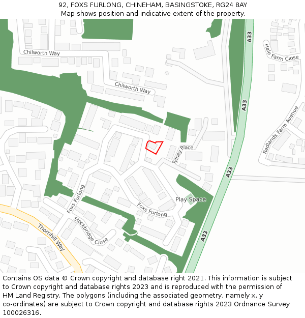 92, FOXS FURLONG, CHINEHAM, BASINGSTOKE, RG24 8AY: Location map and indicative extent of plot