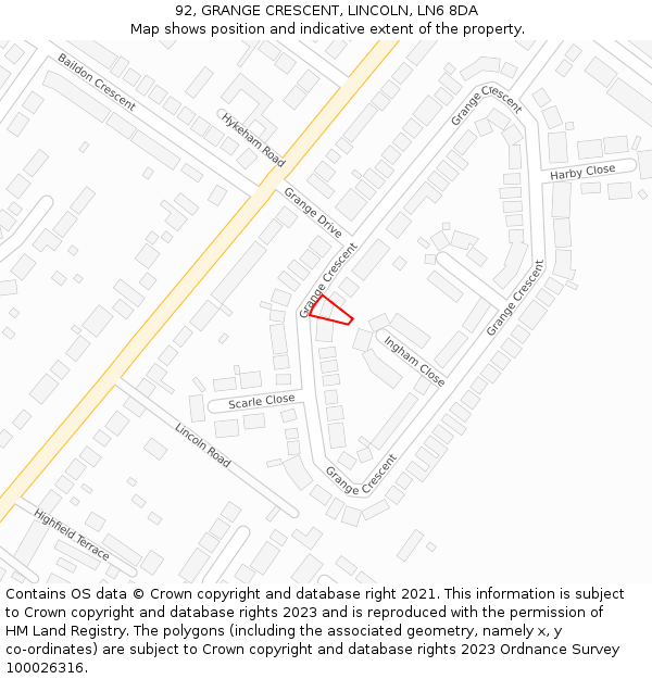92, GRANGE CRESCENT, LINCOLN, LN6 8DA: Location map and indicative extent of plot