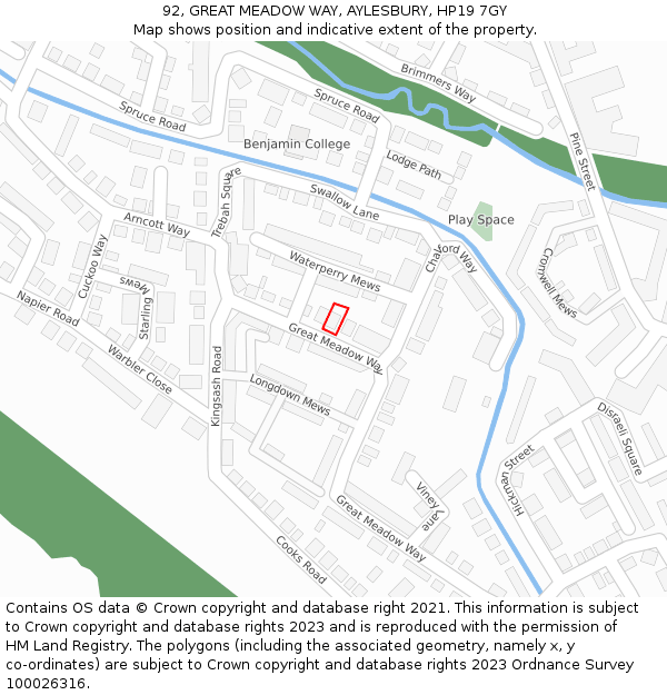 92, GREAT MEADOW WAY, AYLESBURY, HP19 7GY: Location map and indicative extent of plot