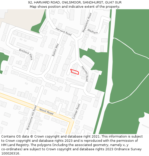 92, HARVARD ROAD, OWLSMOOR, SANDHURST, GU47 0UR: Location map and indicative extent of plot