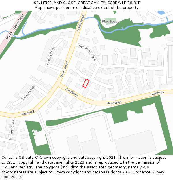 92, HEMPLAND CLOSE, GREAT OAKLEY, CORBY, NN18 8LT: Location map and indicative extent of plot