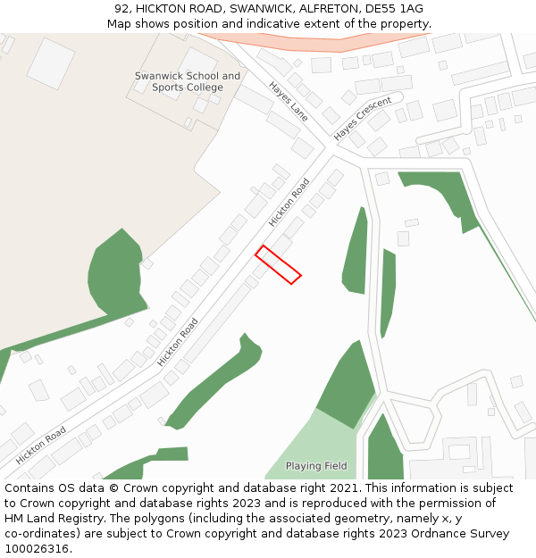 92, HICKTON ROAD, SWANWICK, ALFRETON, DE55 1AG: Location map and indicative extent of plot