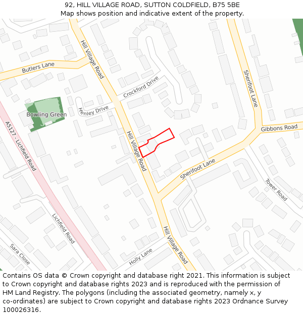 92, HILL VILLAGE ROAD, SUTTON COLDFIELD, B75 5BE: Location map and indicative extent of plot