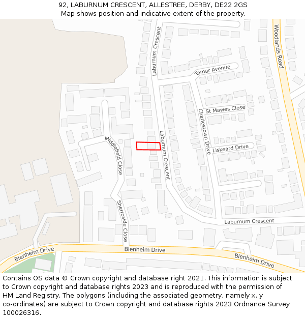 92, LABURNUM CRESCENT, ALLESTREE, DERBY, DE22 2GS: Location map and indicative extent of plot