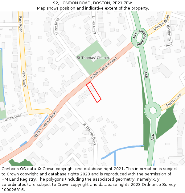 92, LONDON ROAD, BOSTON, PE21 7EW: Location map and indicative extent of plot
