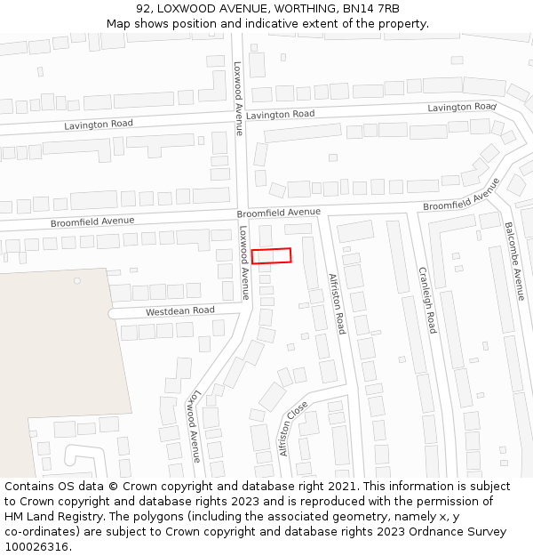 92, LOXWOOD AVENUE, WORTHING, BN14 7RB: Location map and indicative extent of plot