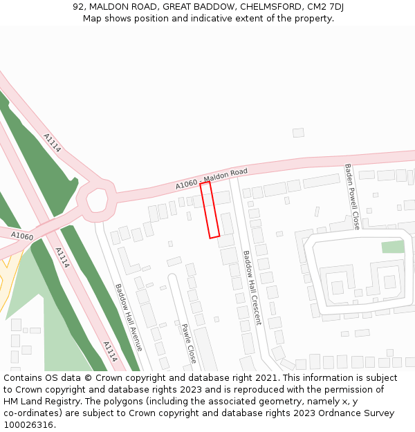 92, MALDON ROAD, GREAT BADDOW, CHELMSFORD, CM2 7DJ: Location map and indicative extent of plot