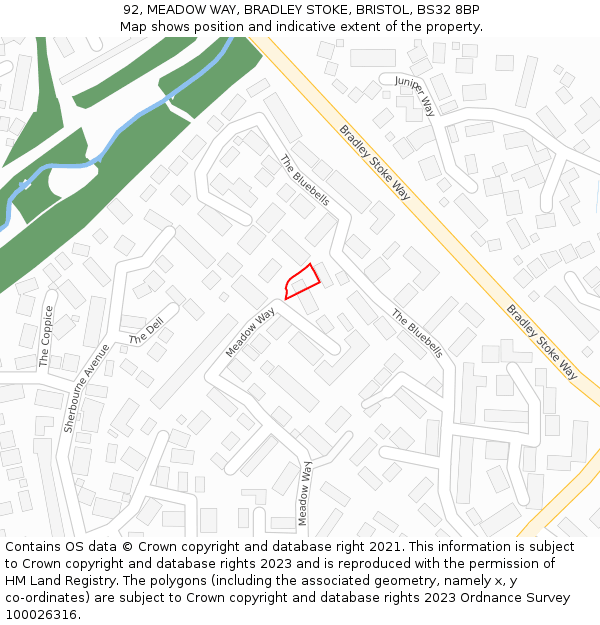 92, MEADOW WAY, BRADLEY STOKE, BRISTOL, BS32 8BP: Location map and indicative extent of plot