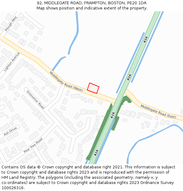 92, MIDDLEGATE ROAD, FRAMPTON, BOSTON, PE20 1DA: Location map and indicative extent of plot
